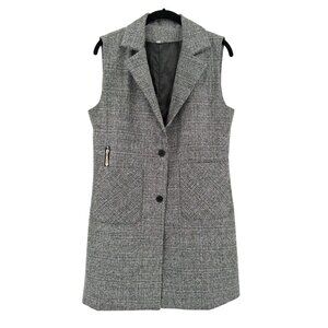 Plaid Sleeveless Longline Vest With Pockets & Notched Collar Size Small